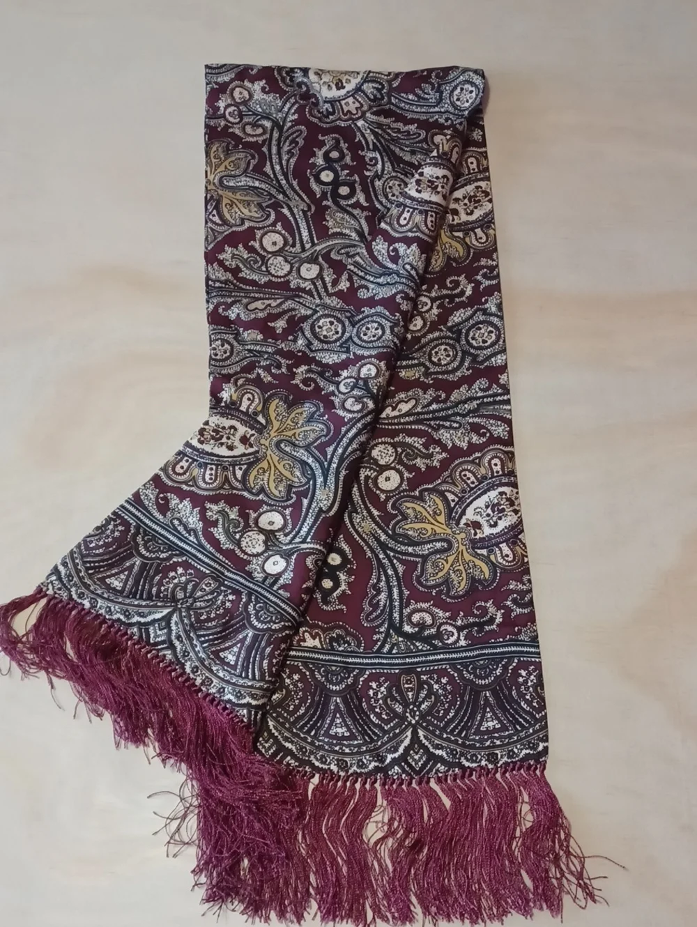 Vintage Paisley Oblong Fringe Scarf 48×10 Silk Feel Burgundy Cream Gold